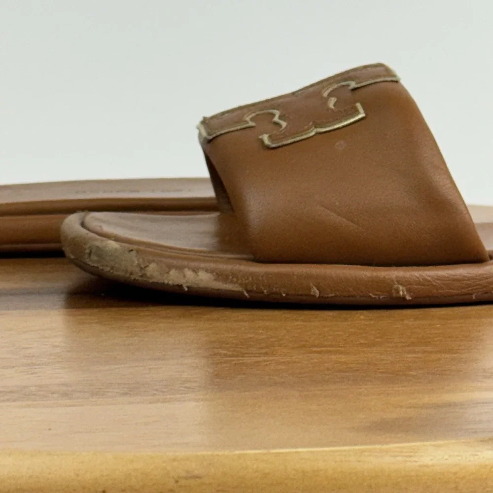 Womens Tory Burch Double T Tan Leather Slip On Flat Sport‎ Slides Sandals Size 8